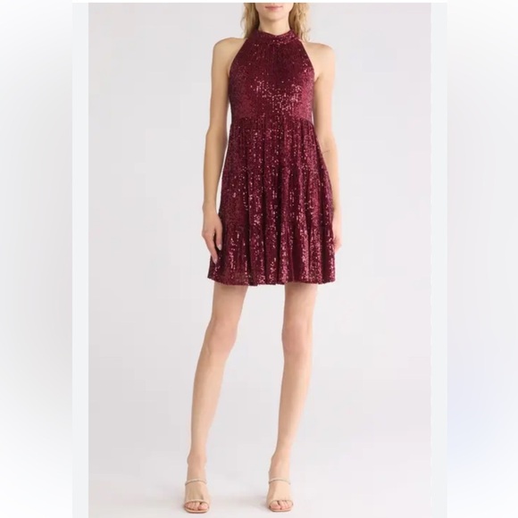 Eliza J Dresses & Skirts - Eliza J Sequin Wine Halter Tiered Mock Neck Mini Dress size 4